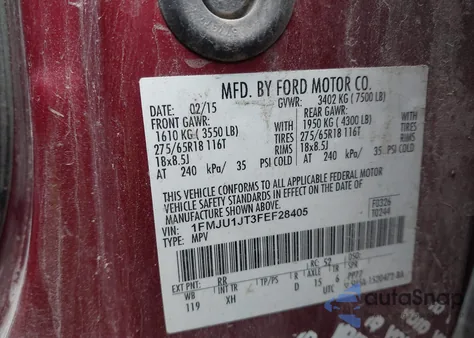 2015 Ford Expedition Xlt из США, поврежденный, VIN 1FMJU1JT3FEF28405